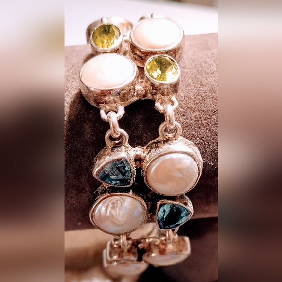 Vintage Sterling silver Three Stone Toggle design pattern Gemstone Bracelet. - Picture 7 of 15